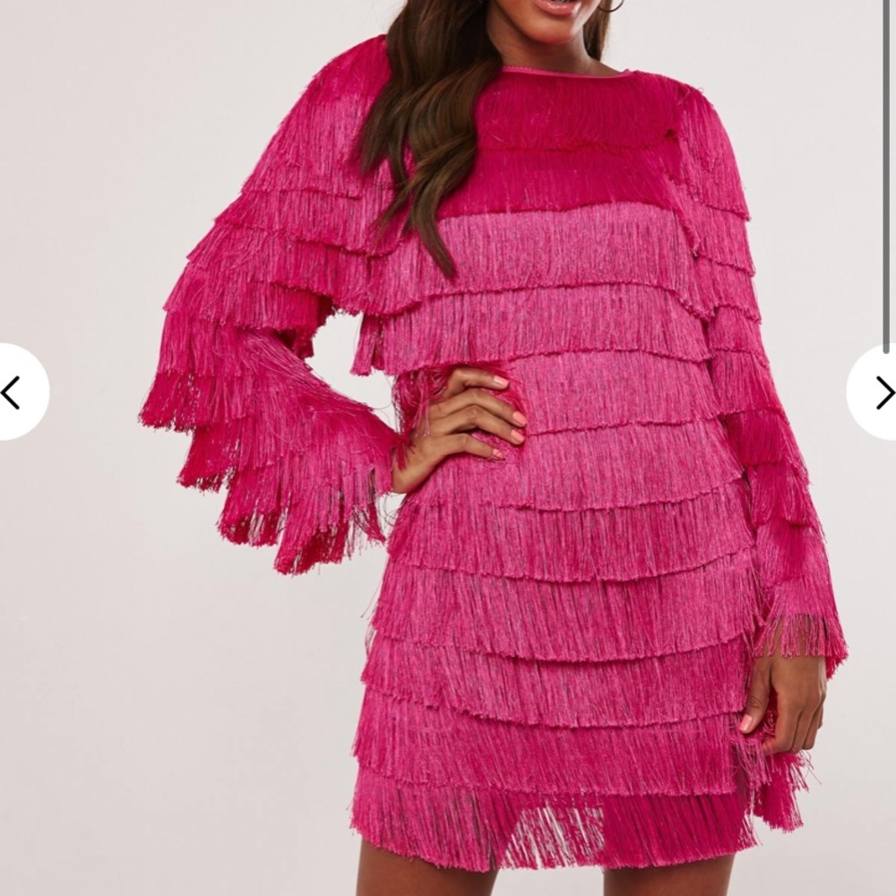 Pink tassel fringe v back shift dress